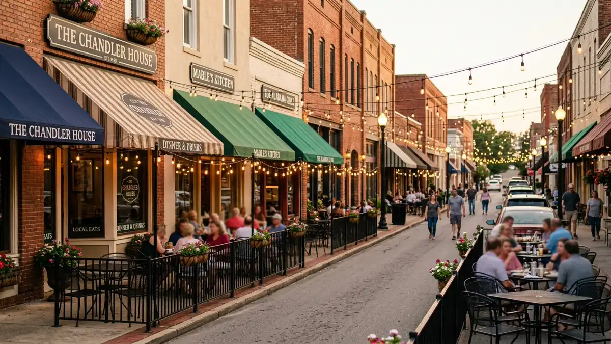 Restaurant district in Cleburne County, Alabama with nearby public restroom facilities