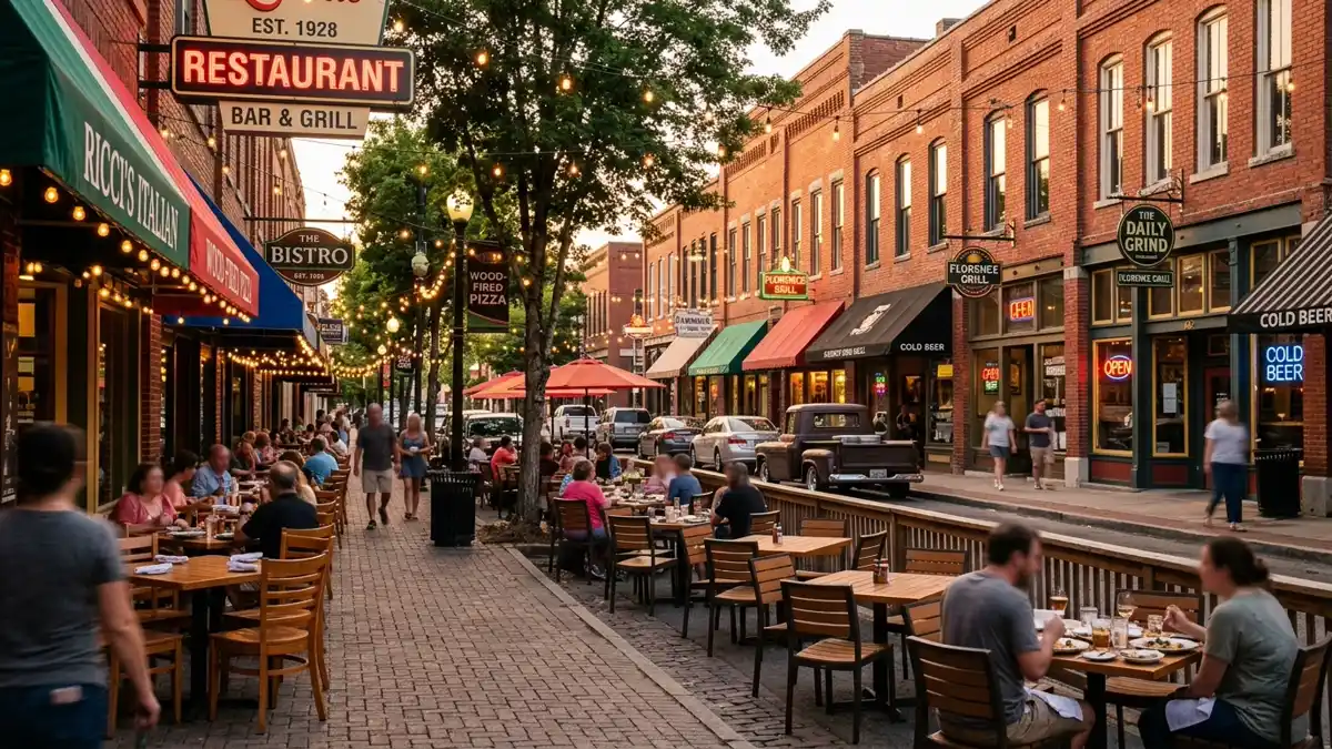 Restaurant district in Florence, Alabama with nearby public restroom facilities