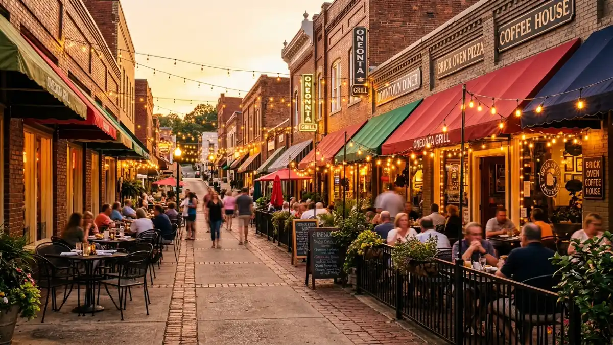 Restaurant district in Oneonta, Alabama with nearby public restroom facilities