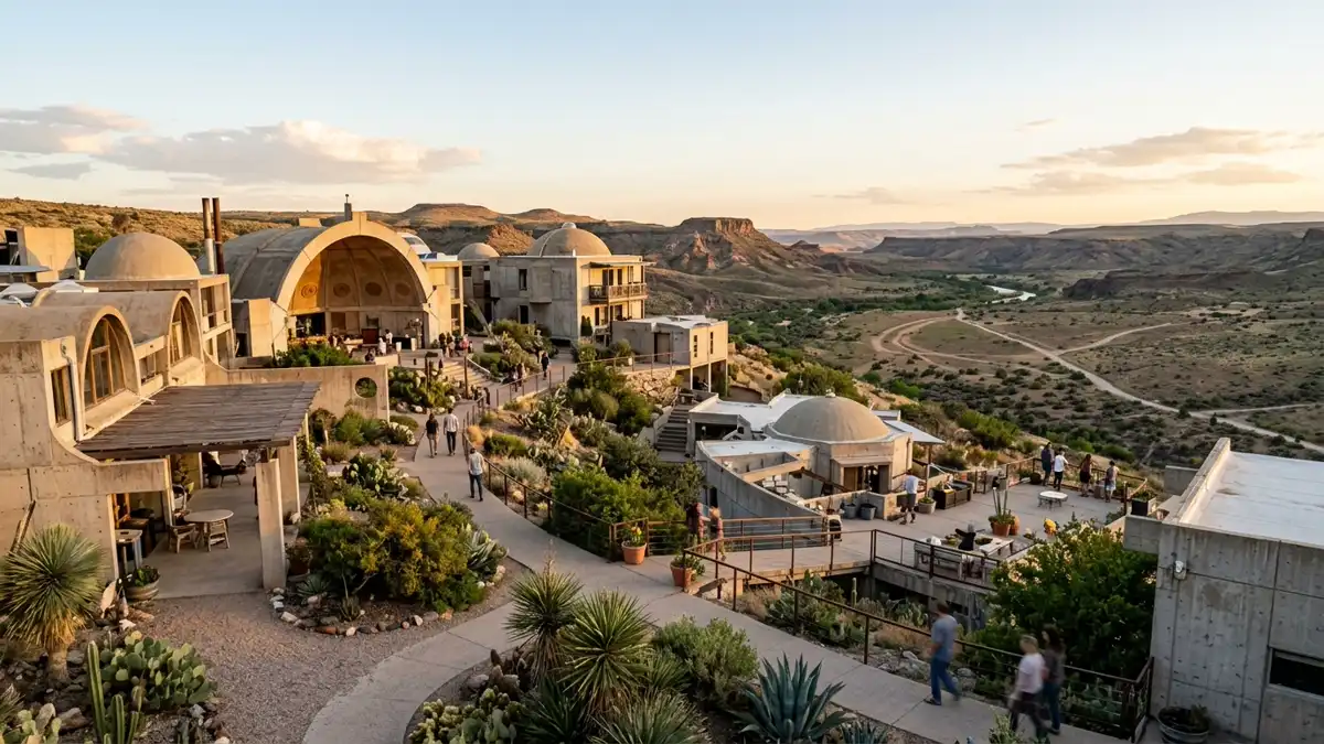 Public restroom locations mapped in Arcosanti, Arizona — 4 facilities across the city