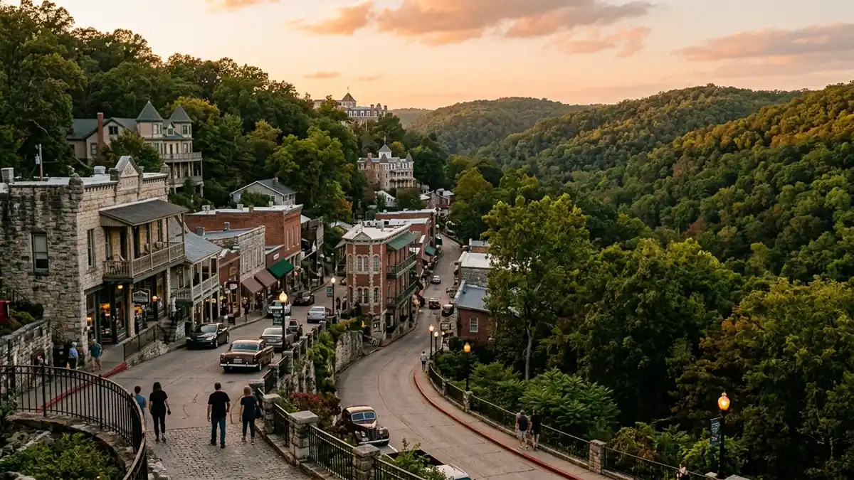 Public restroom locations mapped in Eureka Springs, Arkansas — 15 facilities across zip codes 72631, 72632