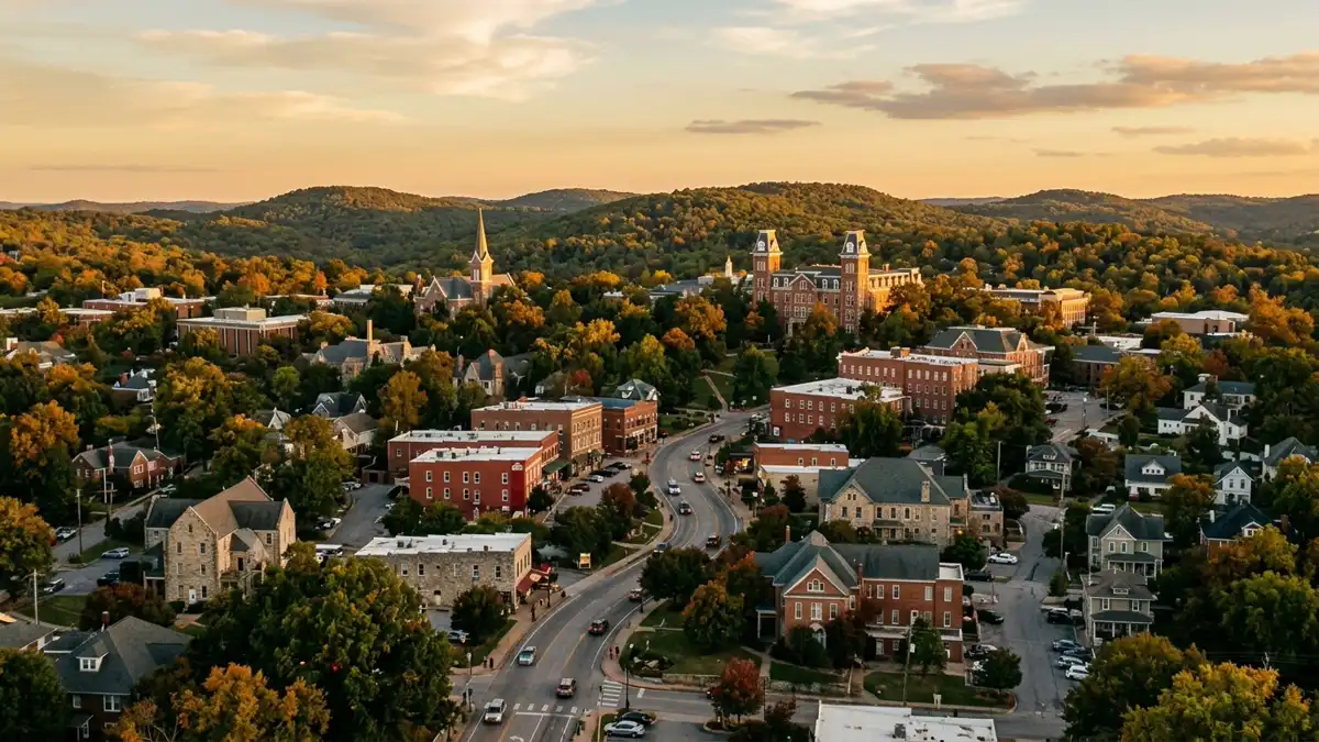 Public restroom locations mapped in Fayetteville, Arkansas — 67 facilities across zip codes 72701, 72702, 72703