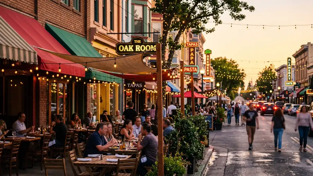 Restaurant district in Alameda County, California with nearby public restroom facilities