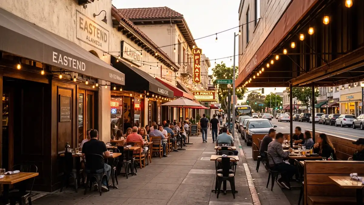 Restaurant district in Alameda, California with nearby public restroom facilities