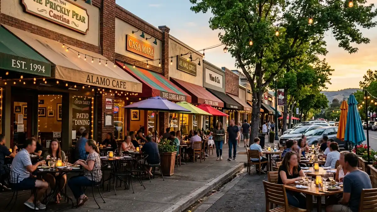 Restaurant district in Alamo, California with nearby public restroom facilities