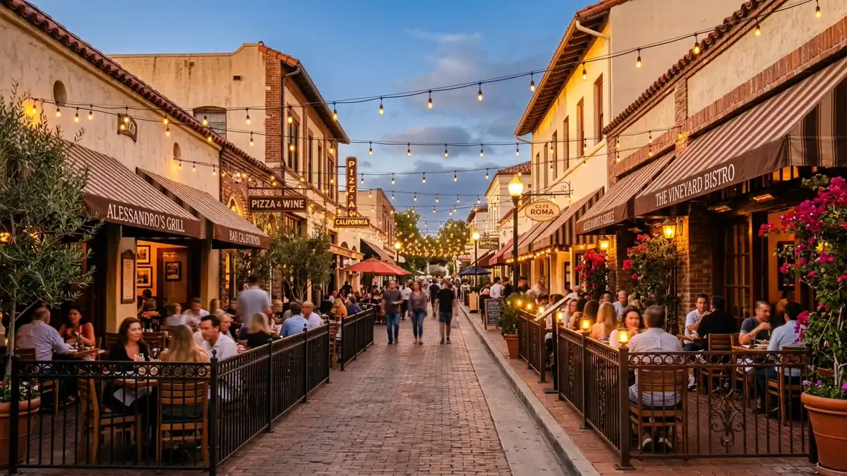 Restaurant district in Alessandro, California with nearby public restroom facilities
