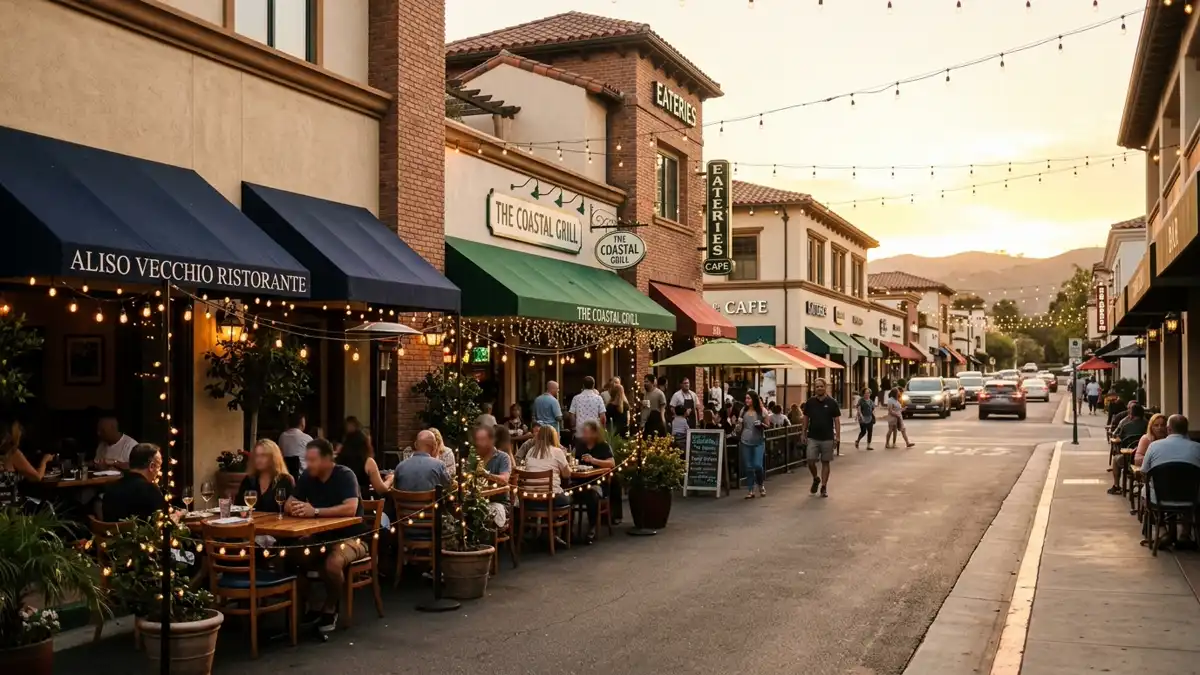 Restaurant district in Aliso Viejo, California with nearby public restroom facilities