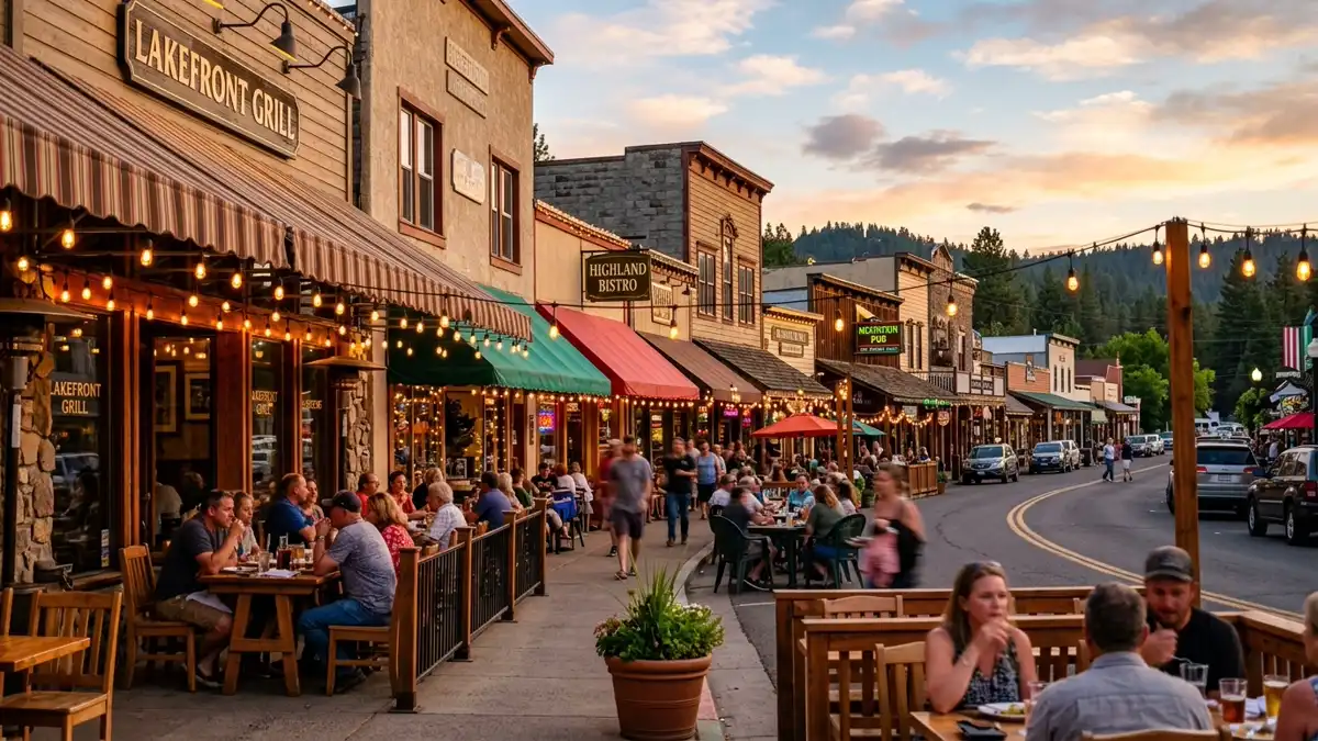 Restaurant district in Almanor, California with nearby public restroom facilities