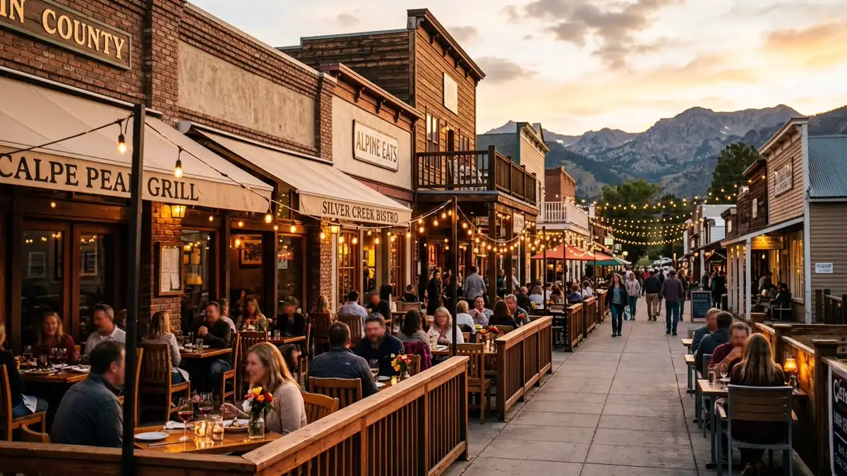 Restaurant district in Alpine County, California with nearby public restroom facilities