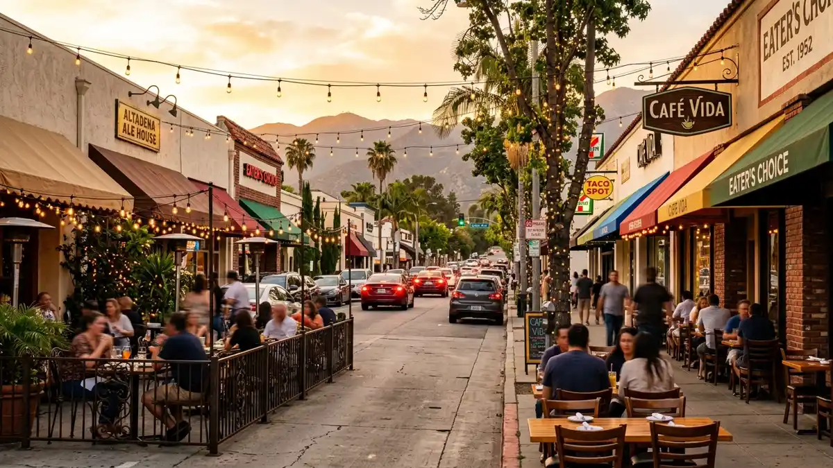 Restaurant district in Altadena, California with nearby public restroom facilities