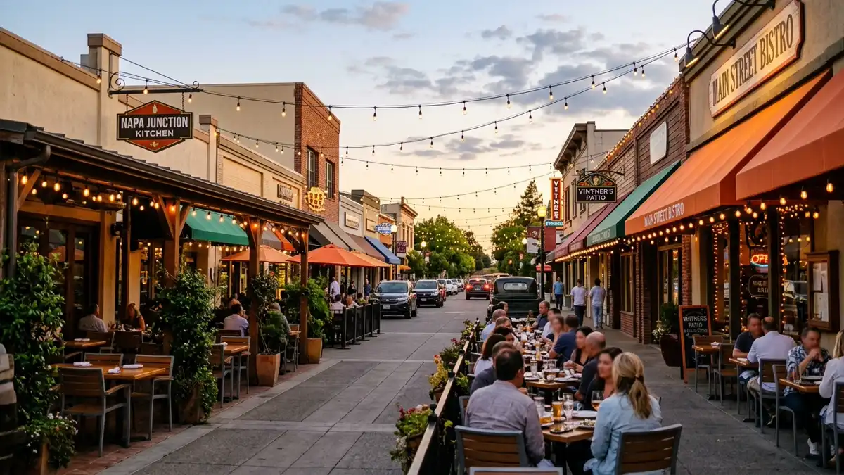 Restaurant district in American Canyon, California with nearby public restroom facilities