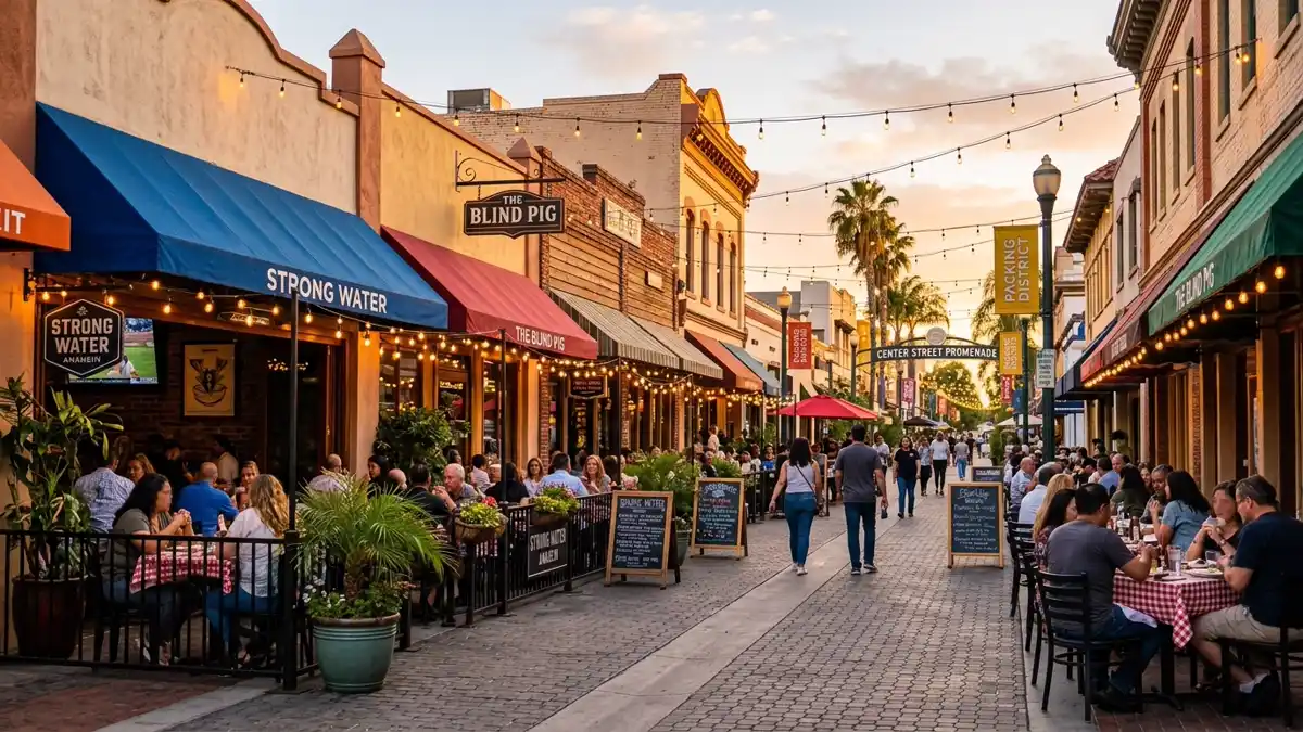 Restaurant district in Anaheim, California with nearby public restroom facilities