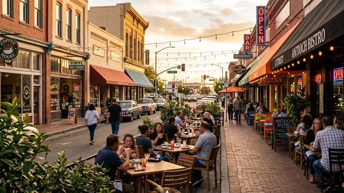 Restaurant district in Antioch, California with nearby public restroom facilities