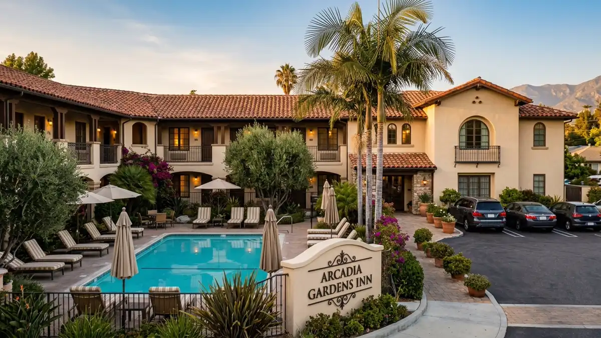 Hotels and accommodation options near mapped restrooms in Arcadia, California