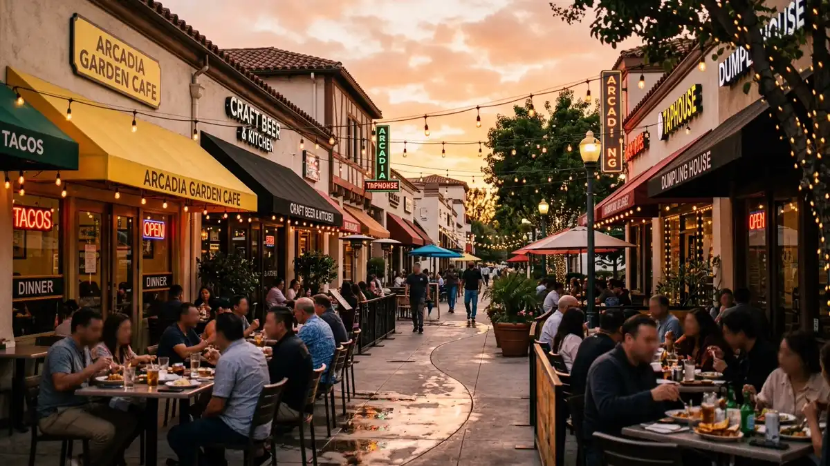 Restaurant district in Arcadia, California with nearby public restroom facilities