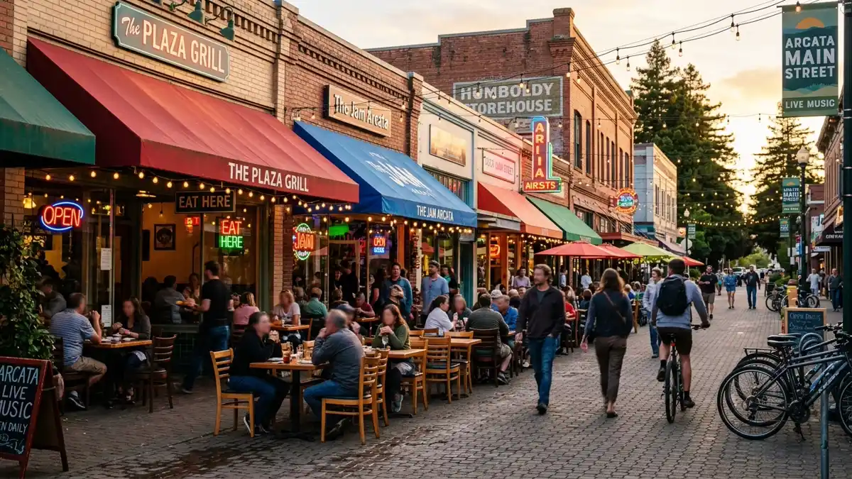 Restaurant district in Arcata, California with nearby public restroom facilities