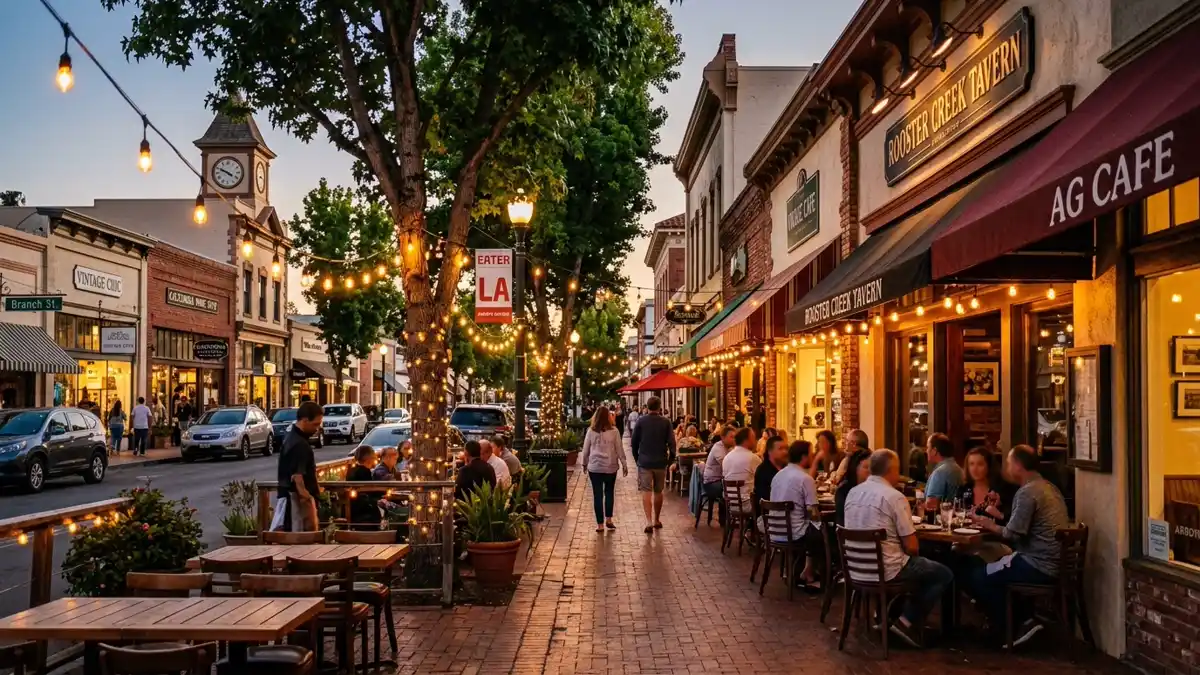 Restaurant district in Arroyo Grande, California with nearby public restroom facilities