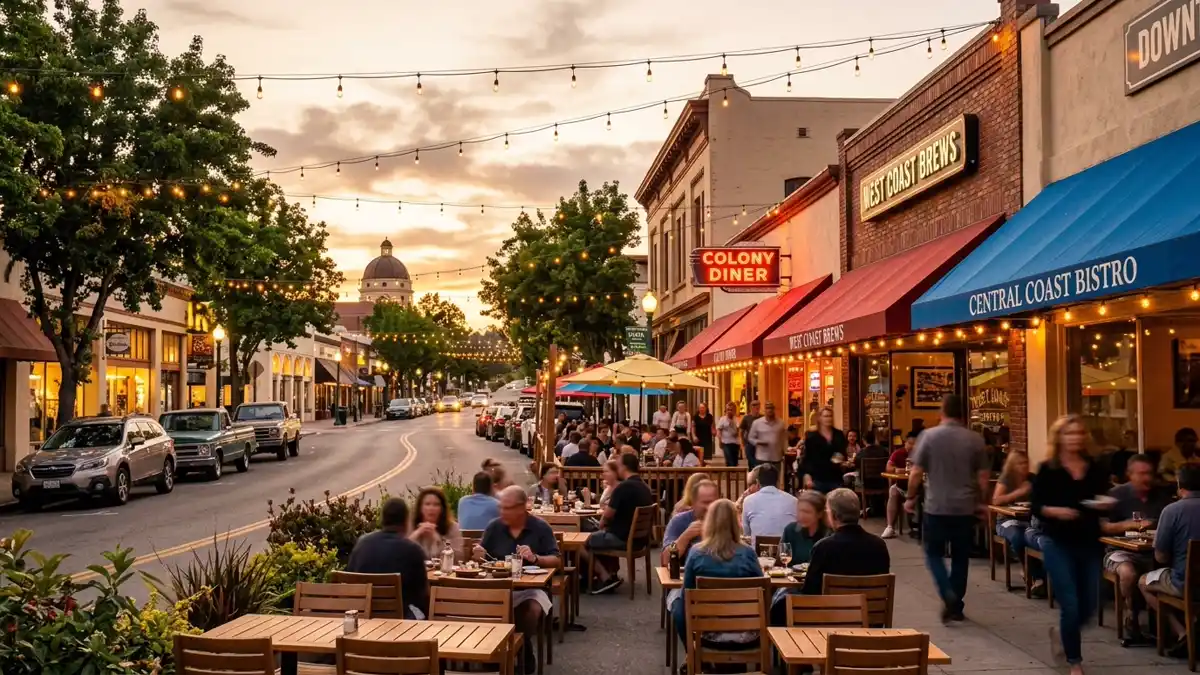 Restaurant district in Atascadero, California with nearby public restroom facilities