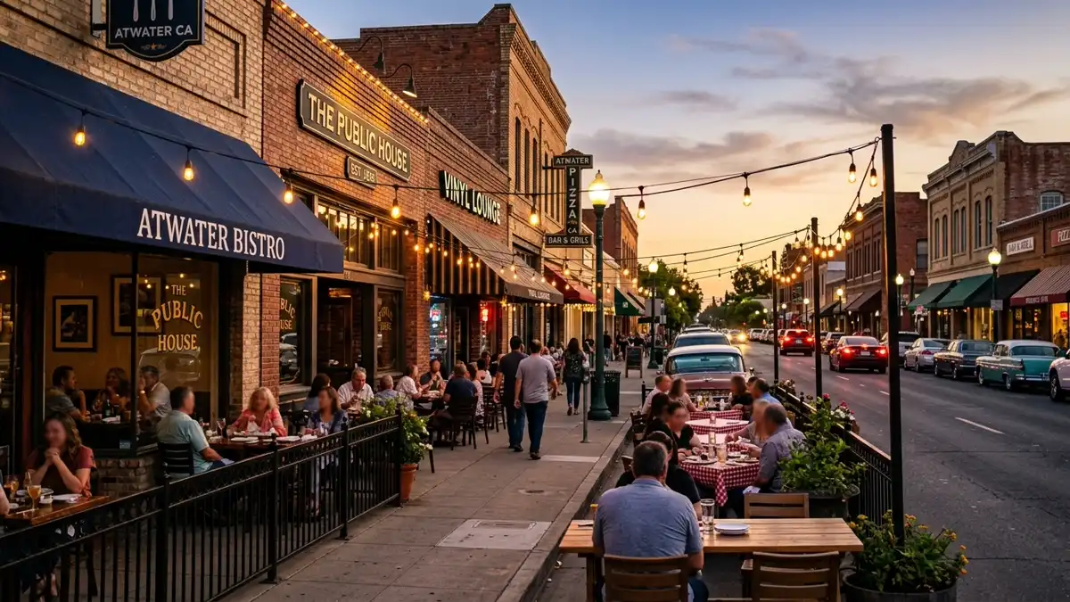 Restaurant district in Atwater, California with nearby public restroom facilities