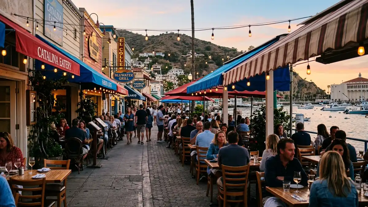 Restaurant district in Avalon, California with nearby public restroom facilities