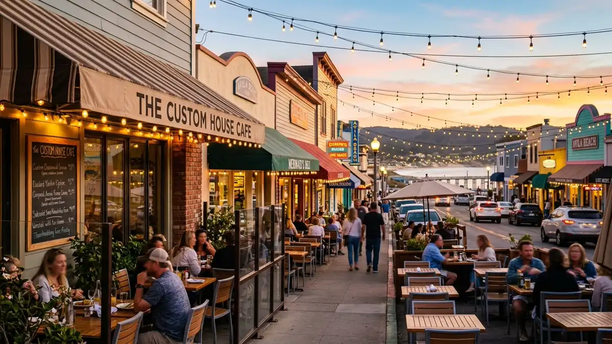 Restaurant district in Avila Beach, California with nearby public restroom facilities