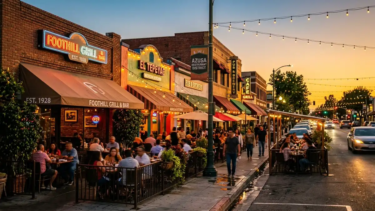 Restaurant district in Azusa, California with nearby public restroom facilities