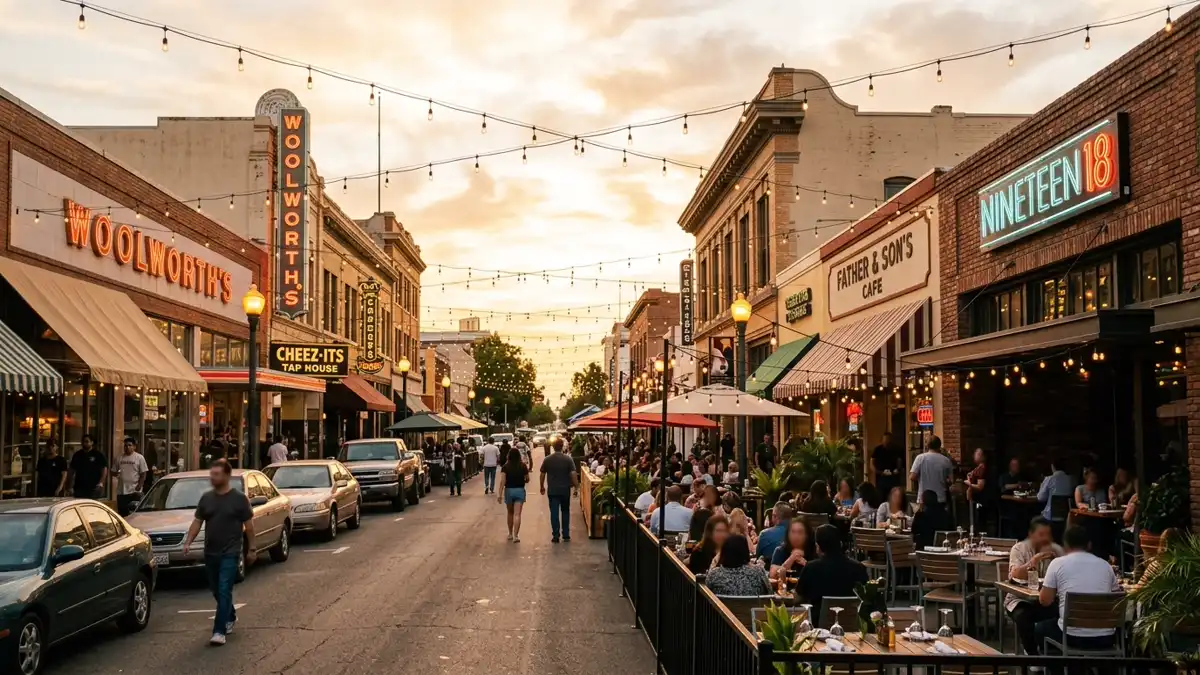 Restaurant district in Bakersfield, California with nearby public restroom facilities