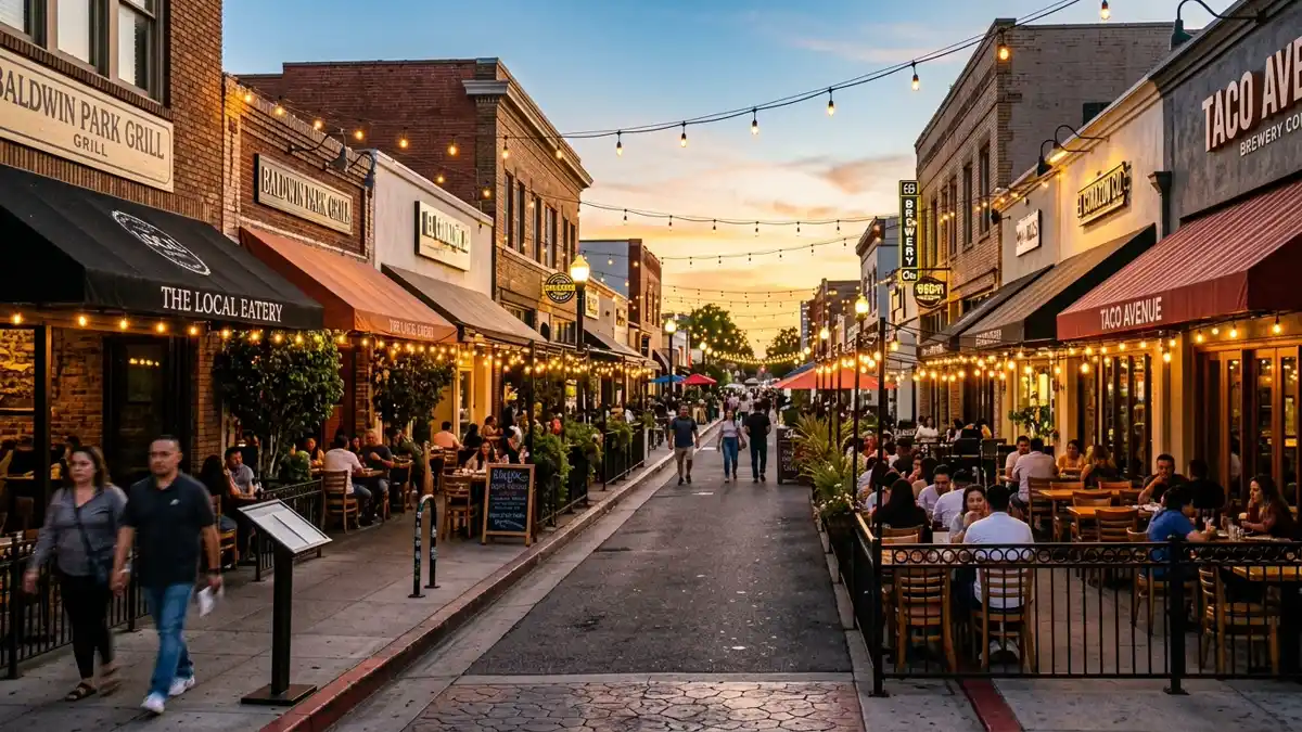 Restaurant district in Baldwin Park, California with nearby public restroom facilities