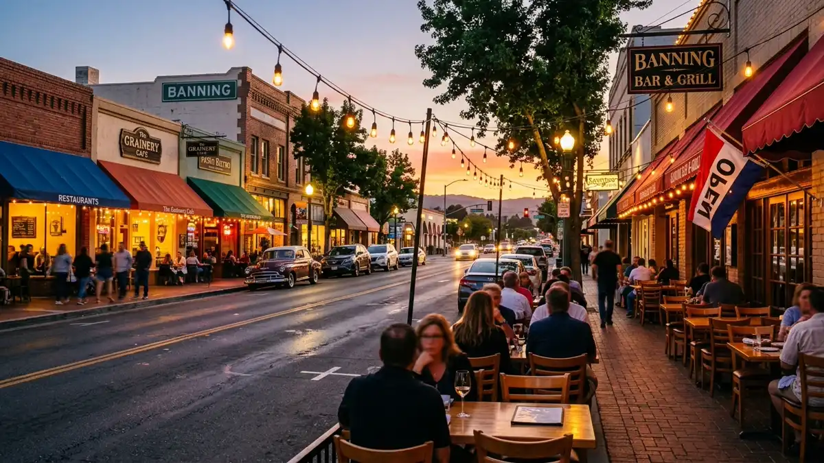 Restaurant district in Banning, California with nearby public restroom facilities