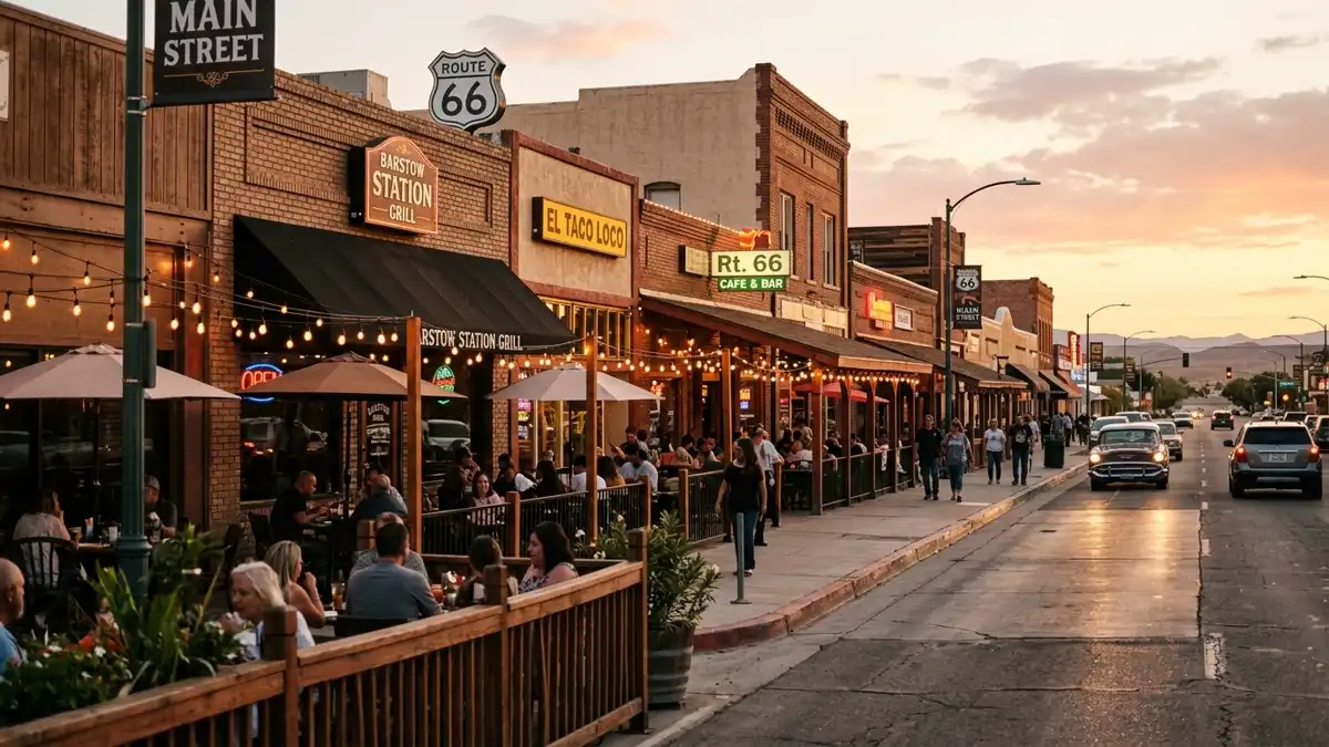 Restaurant district in Barstow, California with nearby public restroom facilities
