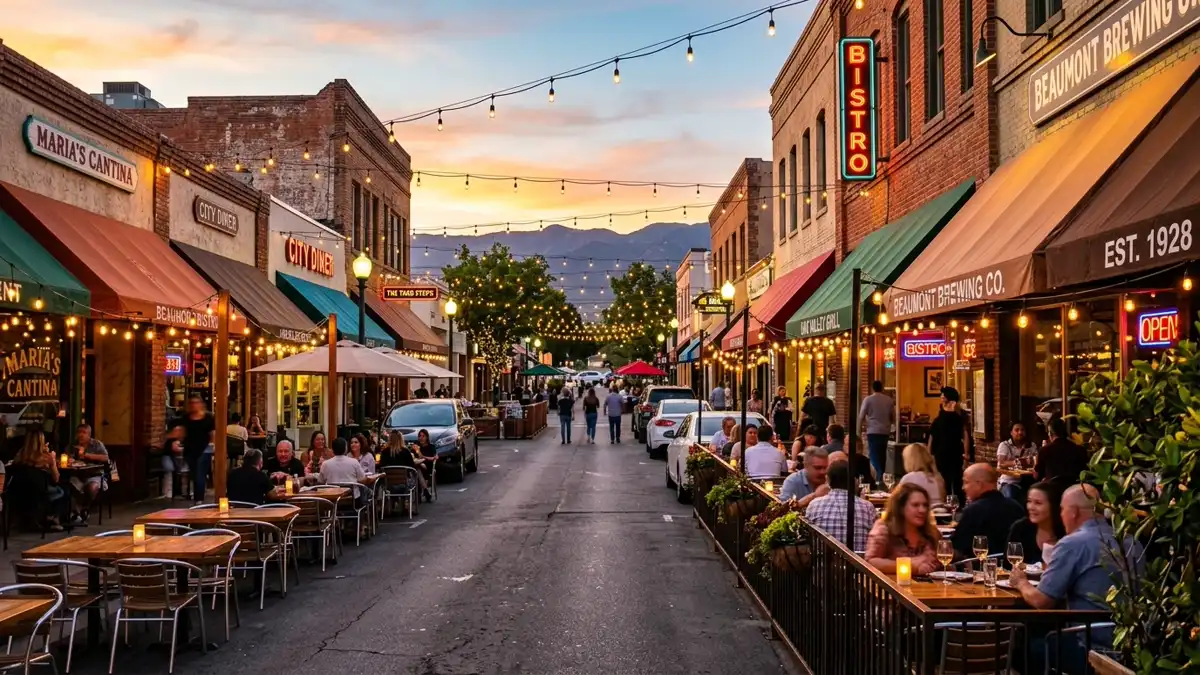 Restaurant district in Beaumont, California with nearby public restroom facilities