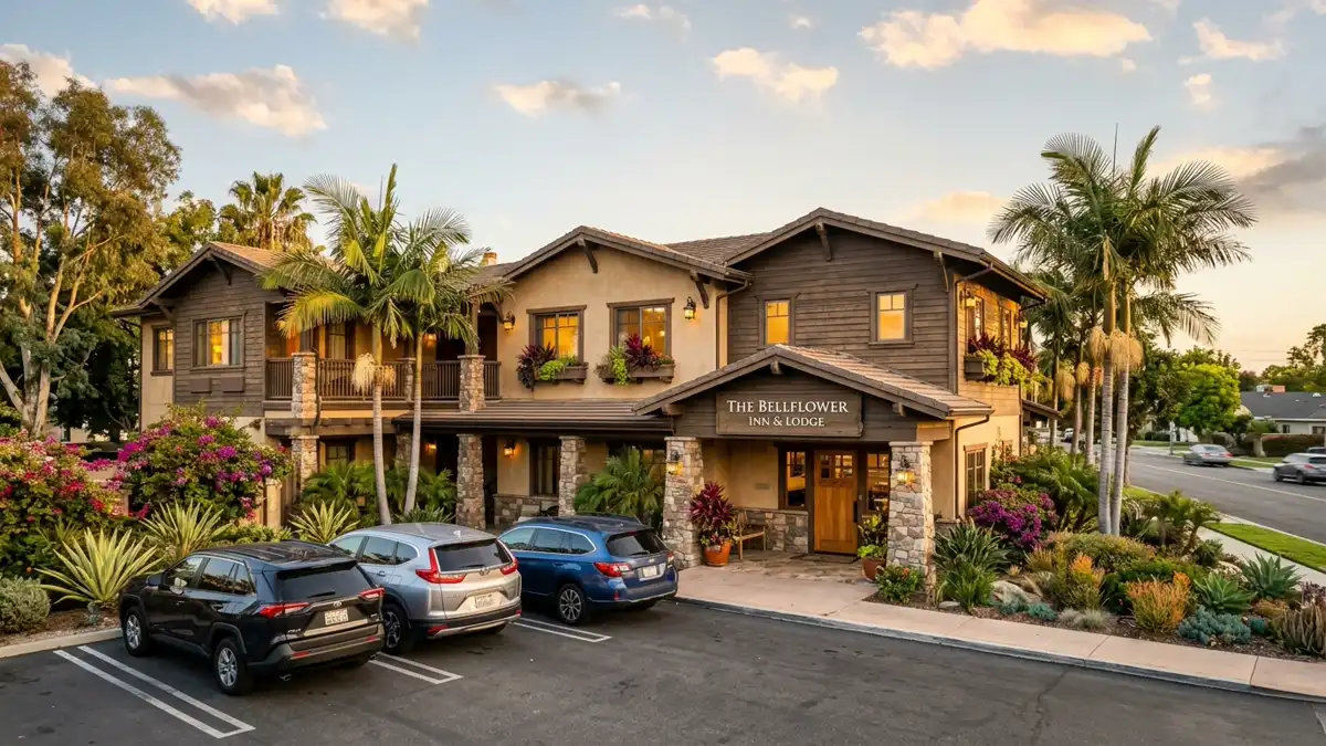 Hotels and accommodation options near mapped restrooms in Bellflower, California