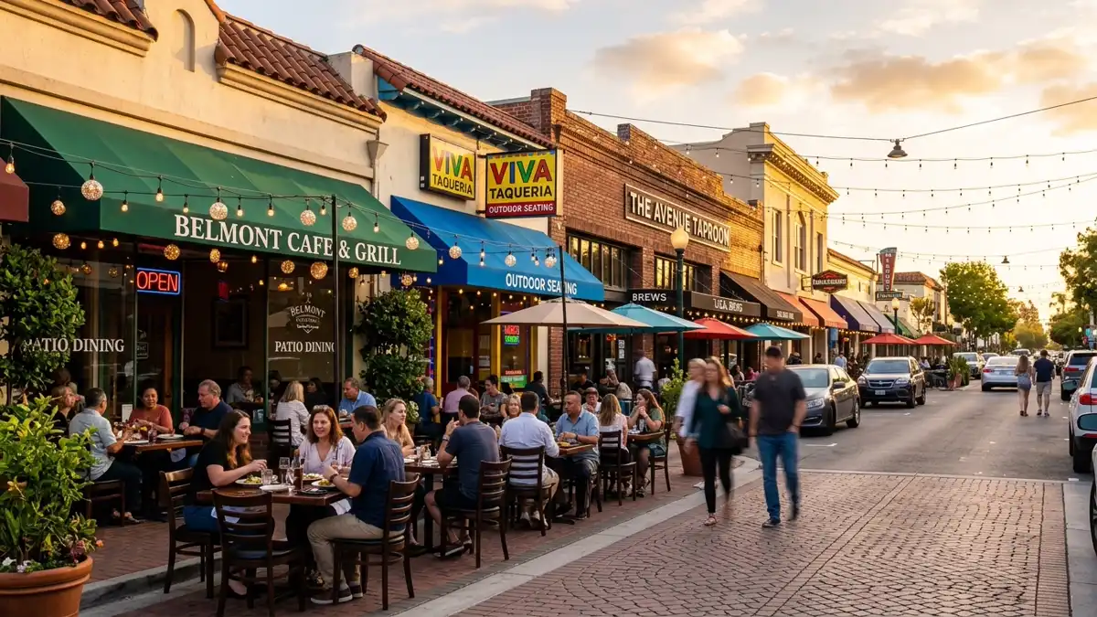 Restaurant district in Belmont, California with nearby public restroom facilities