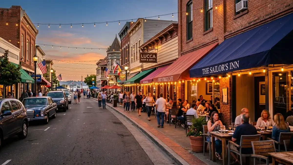 Restaurant district in Benicia, California with nearby public restroom facilities