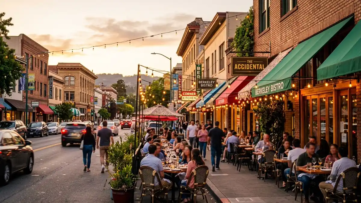 Restaurant district in Berkeley, California with nearby public restroom facilities