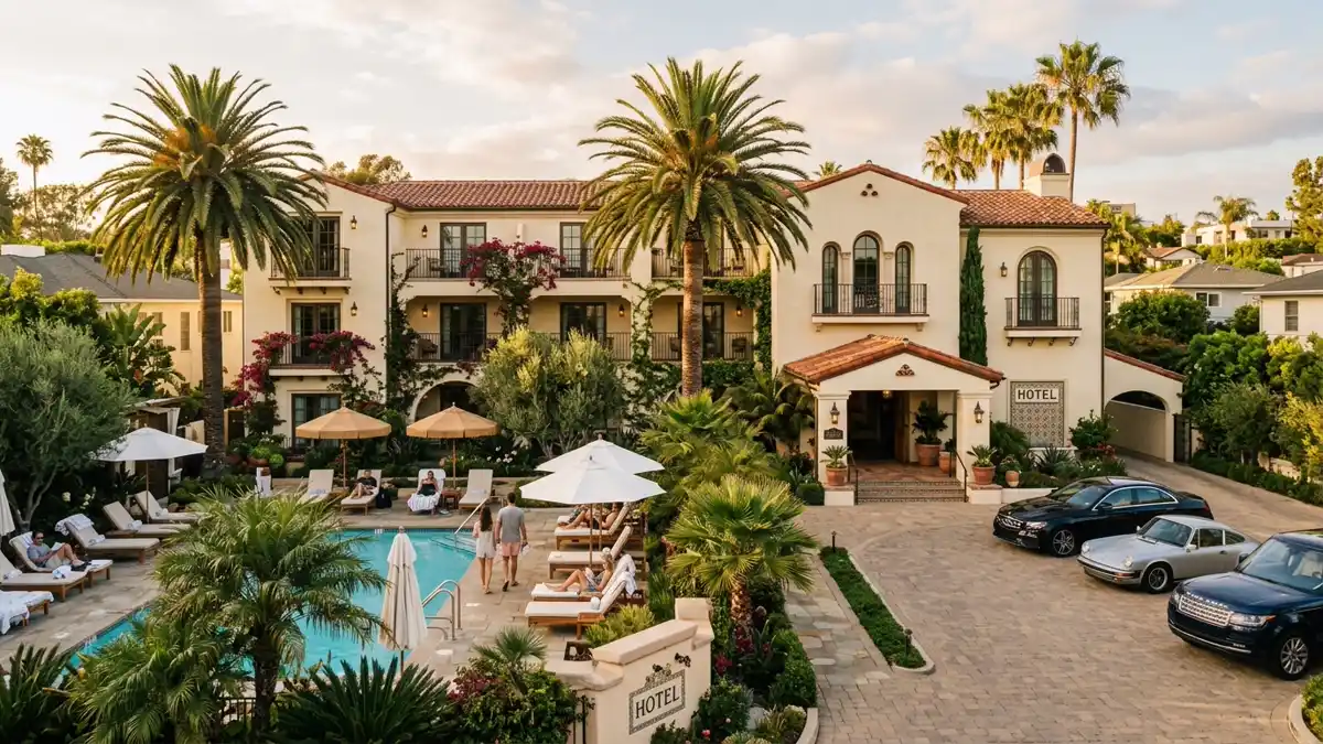 Hotels and accommodation options near mapped restrooms in Beverly Hills, California