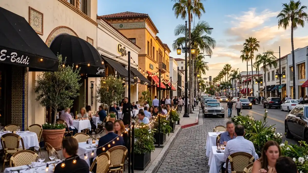 Restaurant district in Beverly Hills, California with nearby public restroom facilities