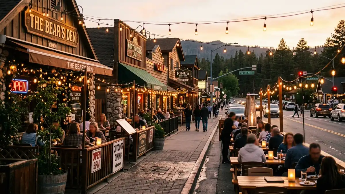 Restaurant district in Big Bear Lake, California with nearby public restroom facilities