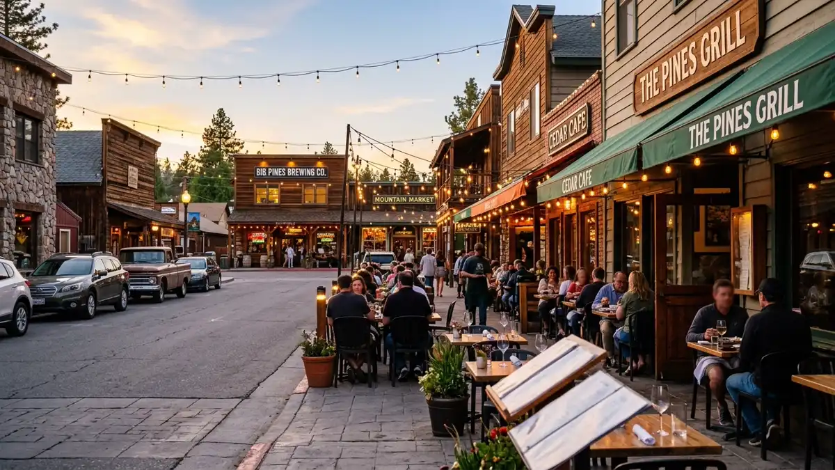 Restaurant district in Big Pines, California with nearby public restroom facilities