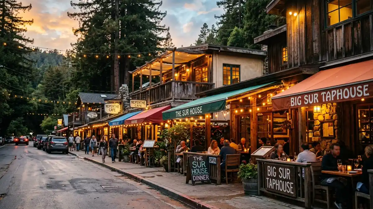 Restaurant district in Big Sur Village, California with nearby public restroom facilities