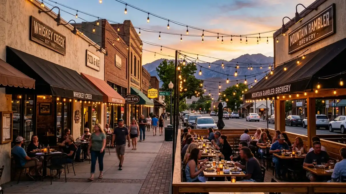 Restaurant district in Bishop, California with nearby public restroom facilities