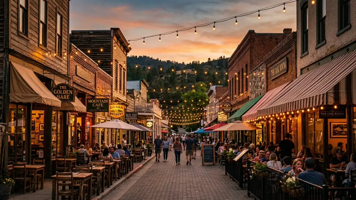 Restaurant district in Blue Tent, California with nearby public restroom facilities
