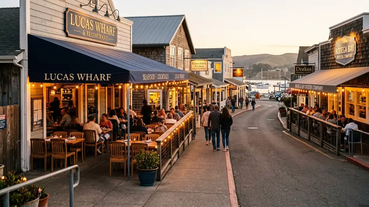 Restaurant district in Bodega Bay, California with nearby public restroom facilities