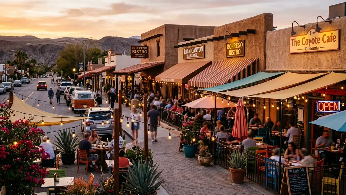 Restaurant district in Borrego Springs, California with nearby public restroom facilities