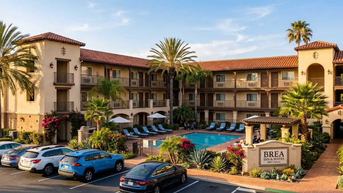 Hotels and accommodation options near mapped restrooms in Brea, California