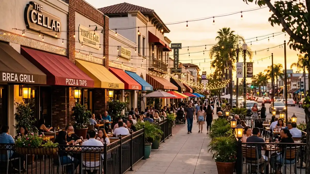 Restaurant district in Brea, California with nearby public restroom facilities