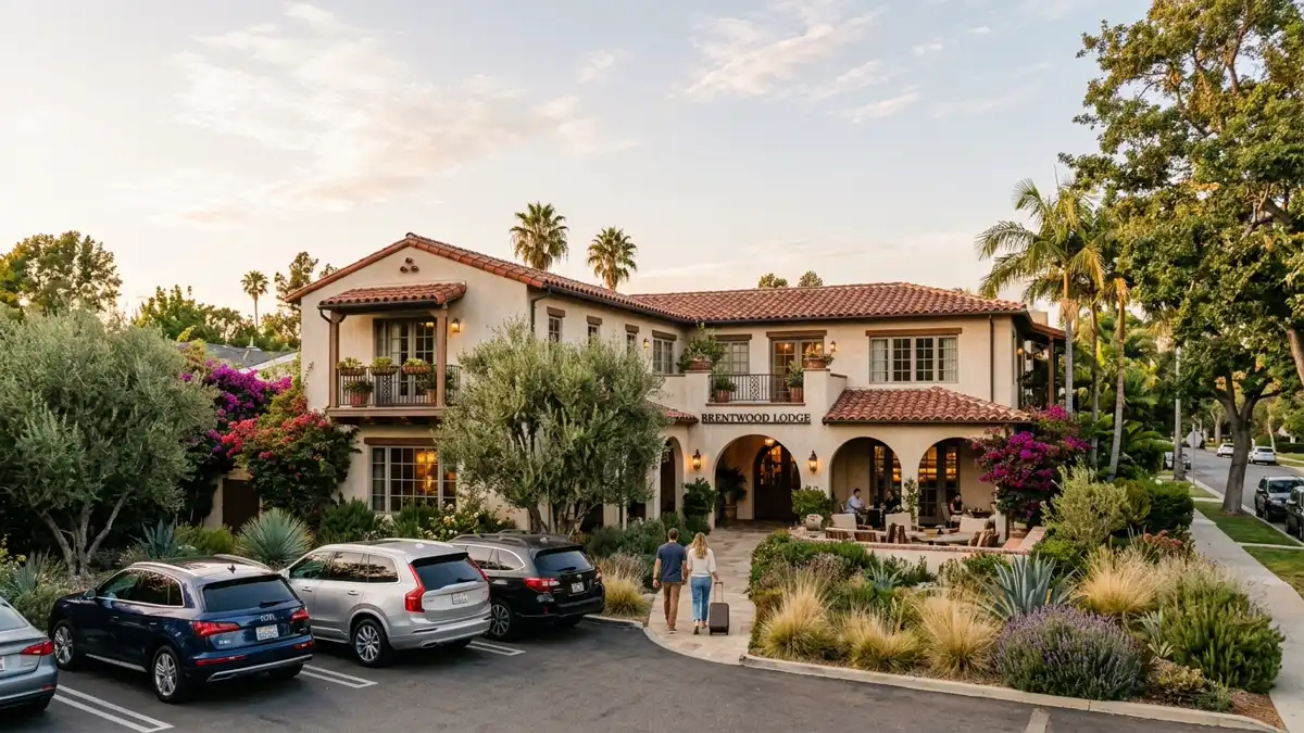 Hotels and accommodation options near mapped restrooms in Brentwood, California