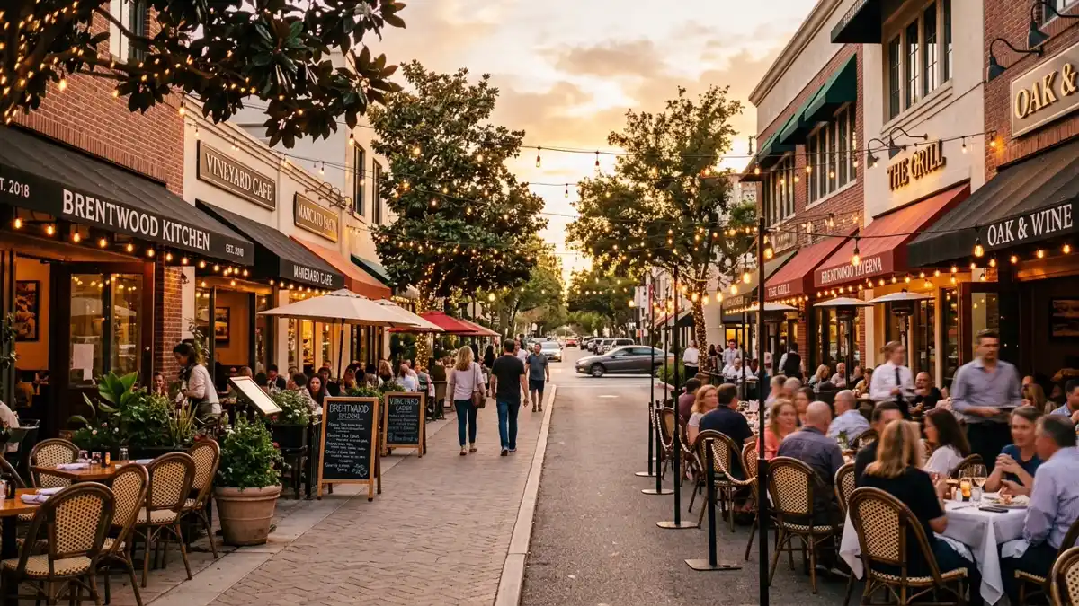 Restaurant district in Brentwood, California with nearby public restroom facilities