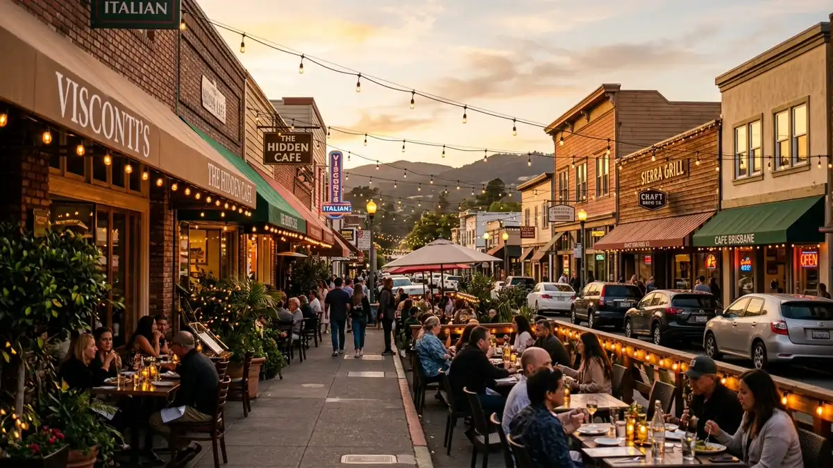Restaurant district in Brisbane, California with nearby public restroom facilities