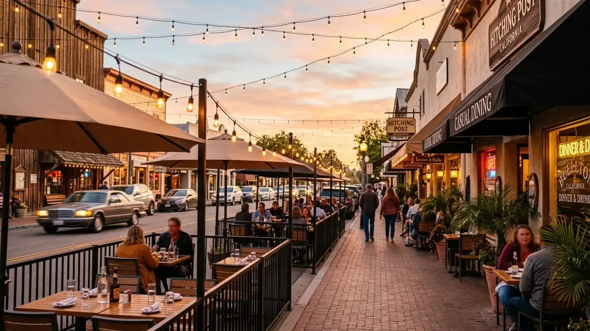 Restaurant district in Buellton, California with nearby public restroom facilities